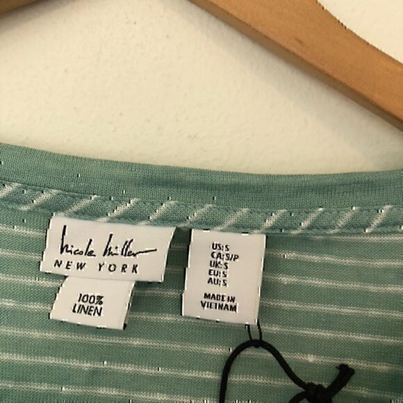 NEW NWT NICOLE MILLER Aqua Green White Stripe 100% Linen Boxy Short Sleeve Top S - Picture 4 of 10